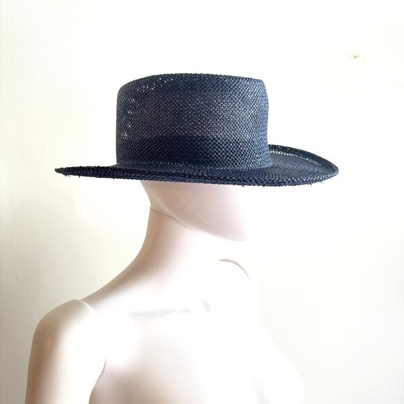 Vintage KP Navy Blue Straw Wide Brim Fedora Hat L - Picture 1 of 8